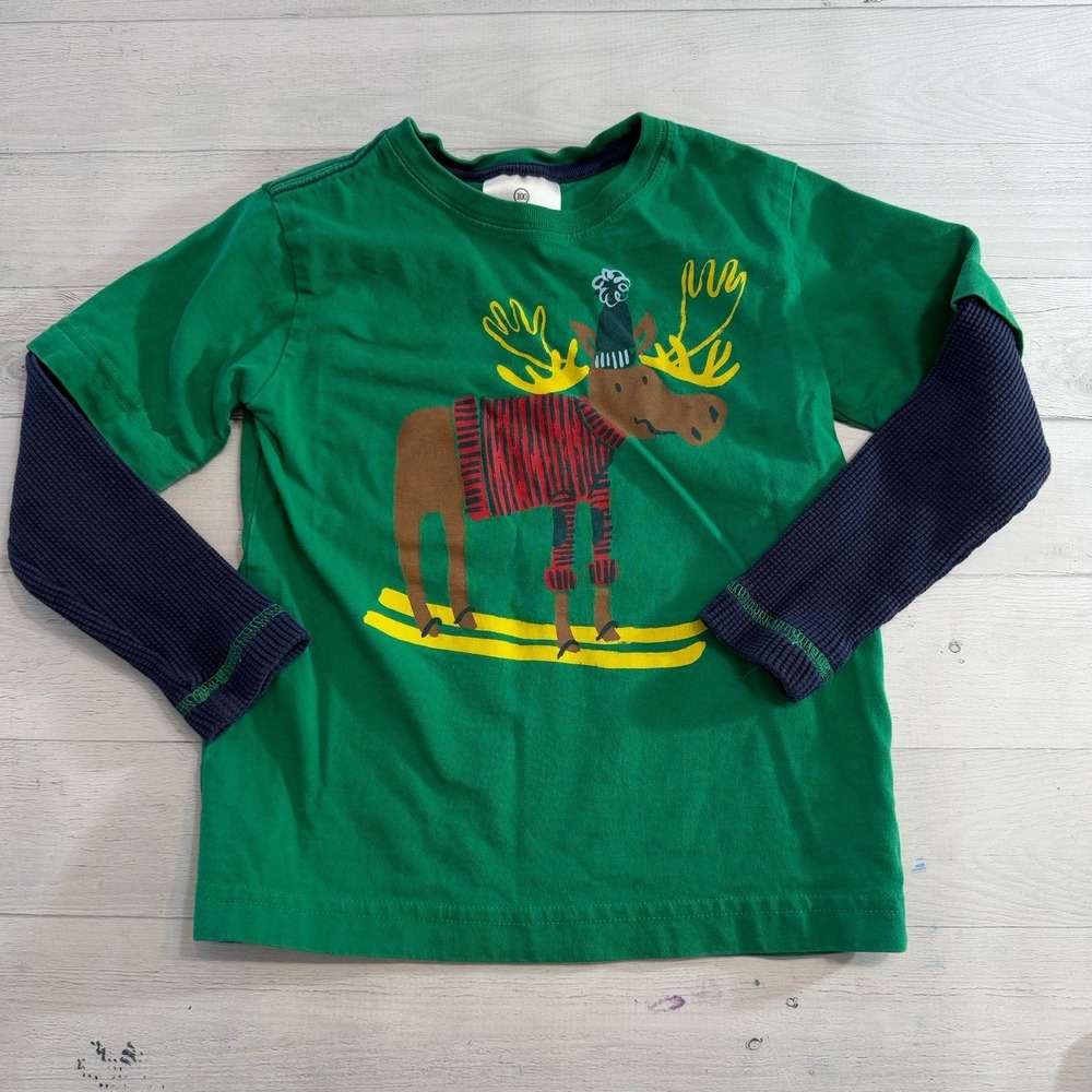 Hanna Andersson kids long sleeve green blue skiing moose shirt 100/4‎